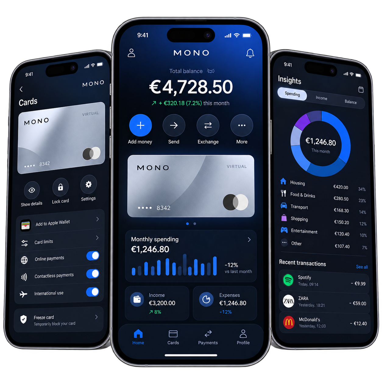 Banking: three custom app screens