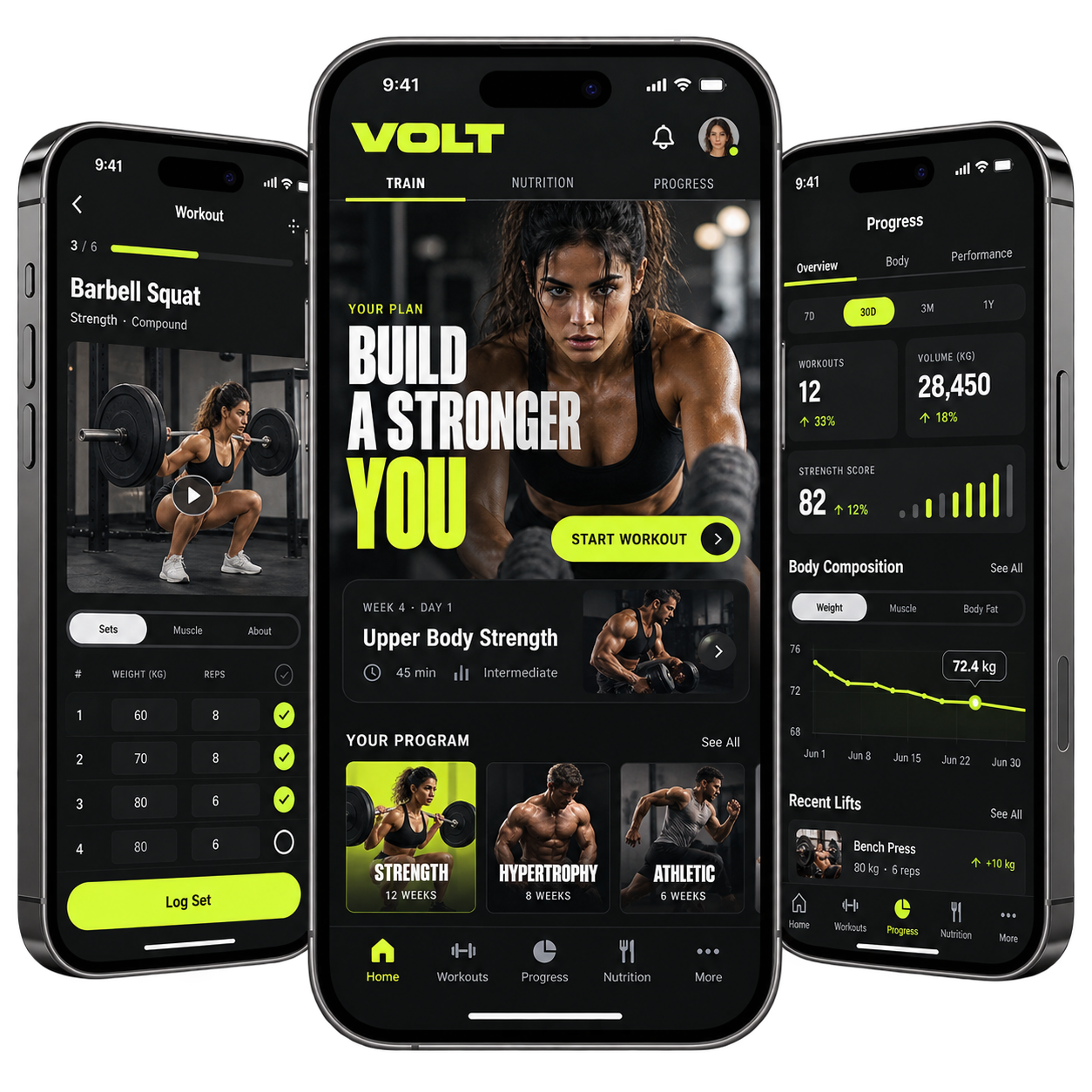 Fitness & Gym: three custom app screens