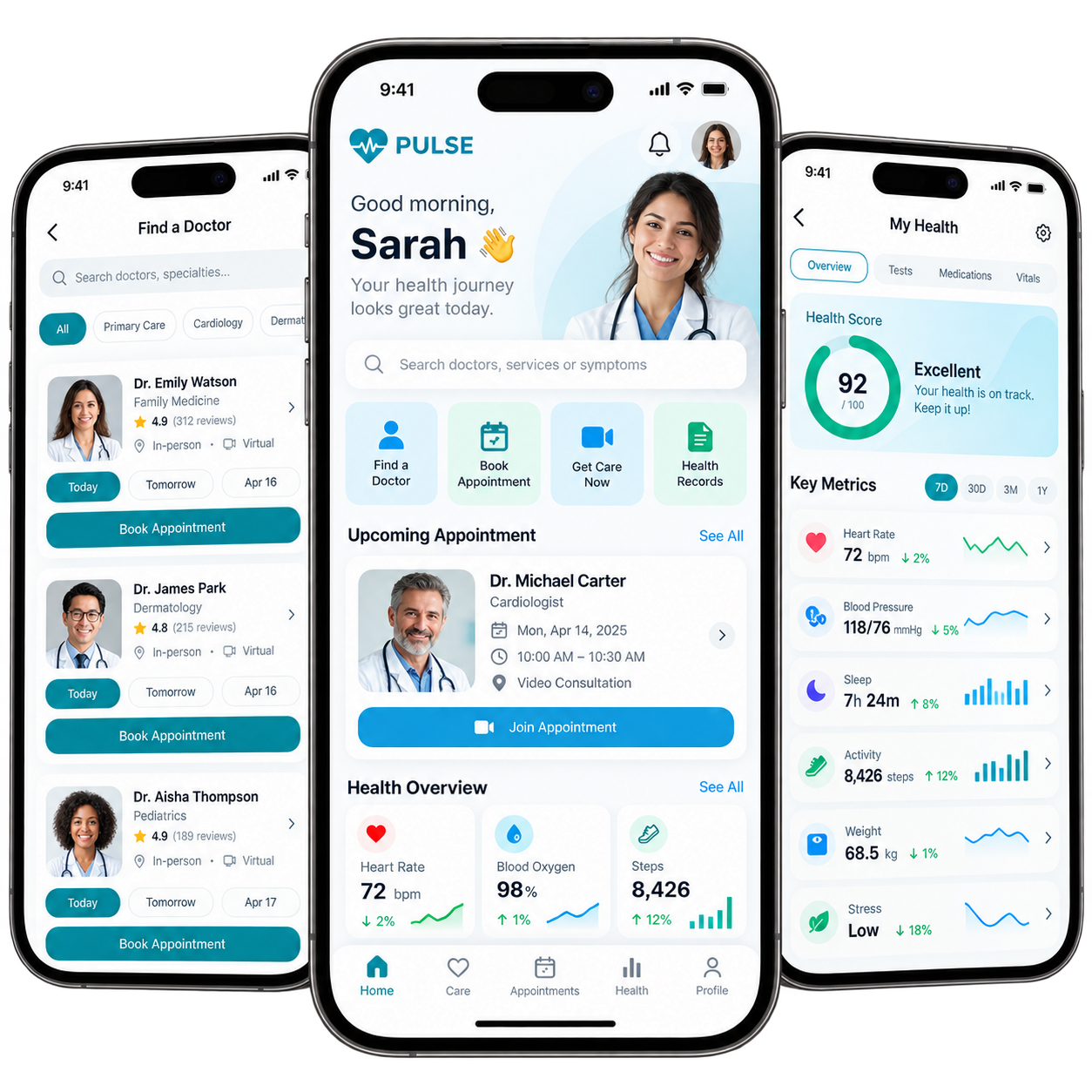 Health & Care: three custom app screens