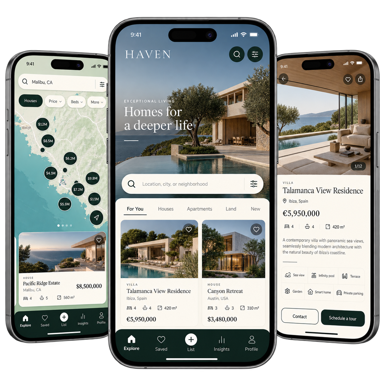 Real Estate: three custom app screens