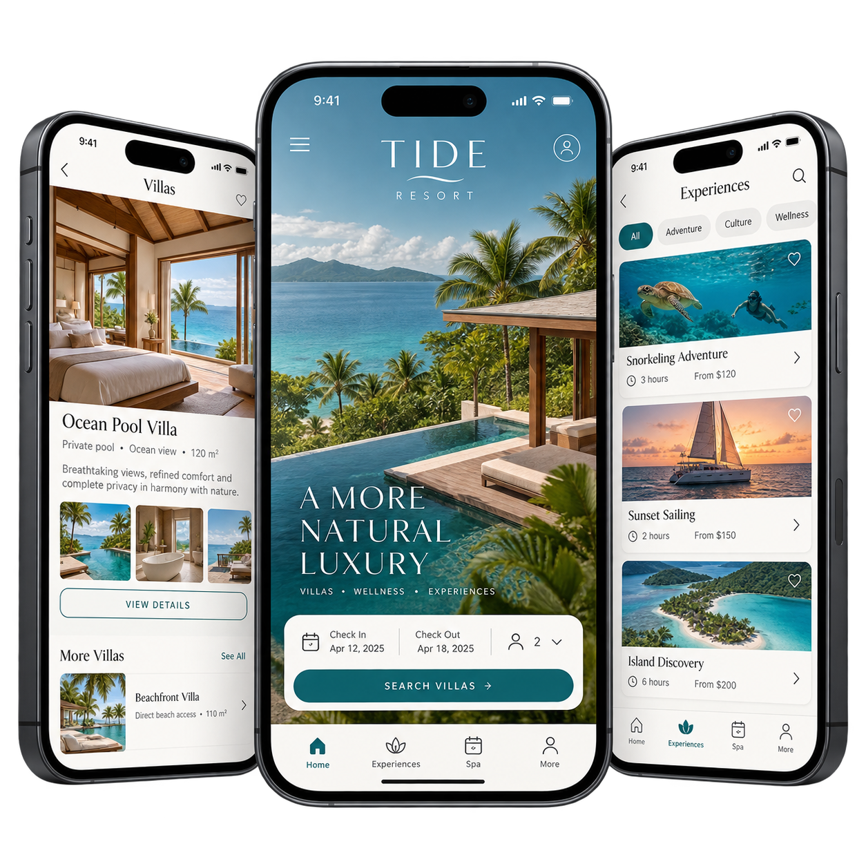 Resorts: three custom app screens