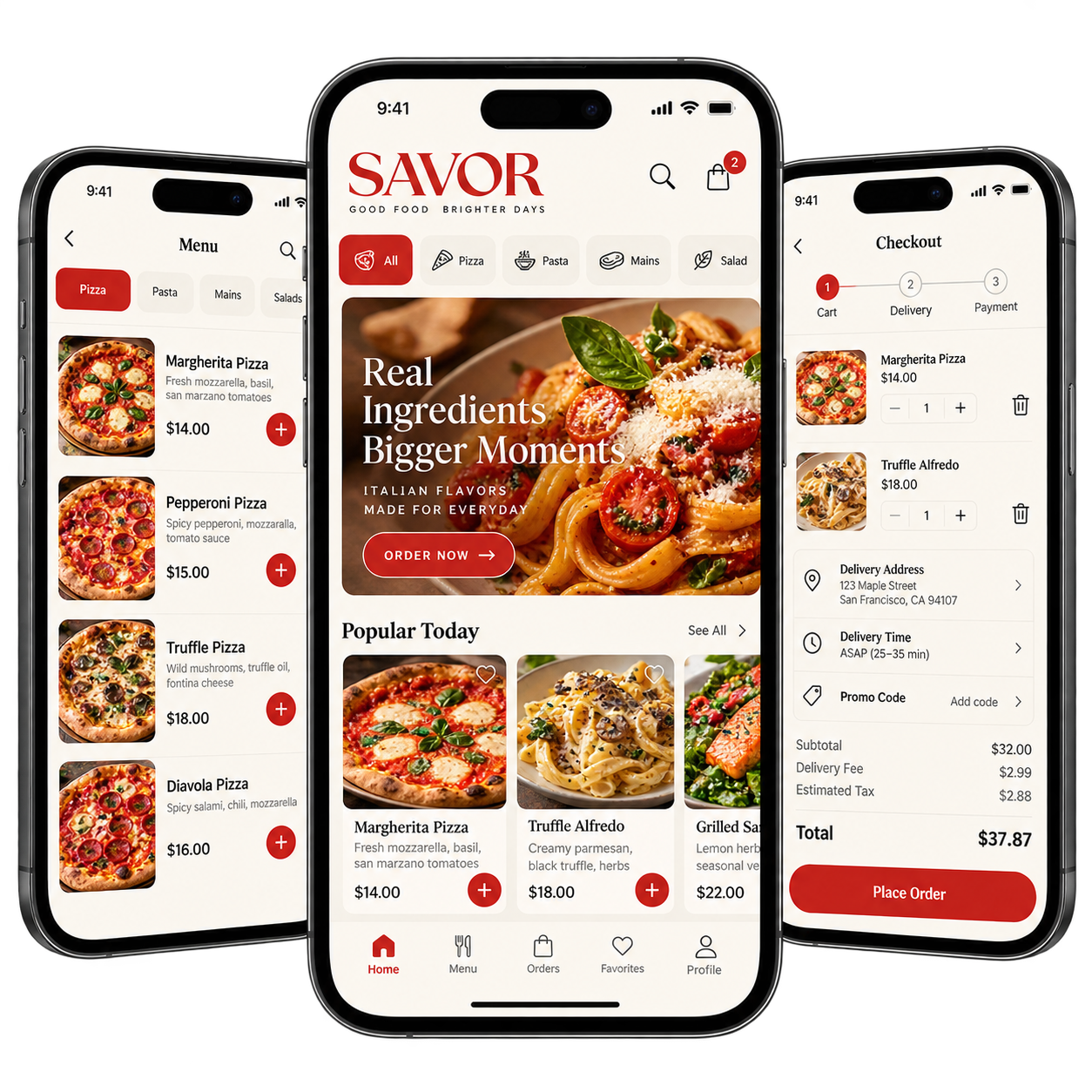 Restaurants: three custom app screens